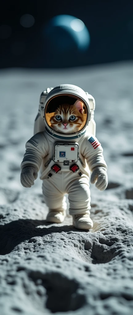 An ultra-realistic, highly detailed image of a cat dressed as an astronaut, walking and floating on the moon. The cat is wearing a miniature spacesuit with a reflective visor, and small boots that leave faint footprints on the lunar surface. The moon's craters and distant Earth are visible in the background, adding a sense of scale and wonder. The image is captured with a Canon EOS 5D Mark IV paired with a 24-70mm f/2.8L II USM lens, ensuring sharp details and a wide field of view. The lighting is soft and diffused, mimicking the gentle glow of the moon's surface, with a subtle rim light highlighting the edges of the cat's spacesuit. The aspect ratio is 9:21, emphasizing the vertical composition 