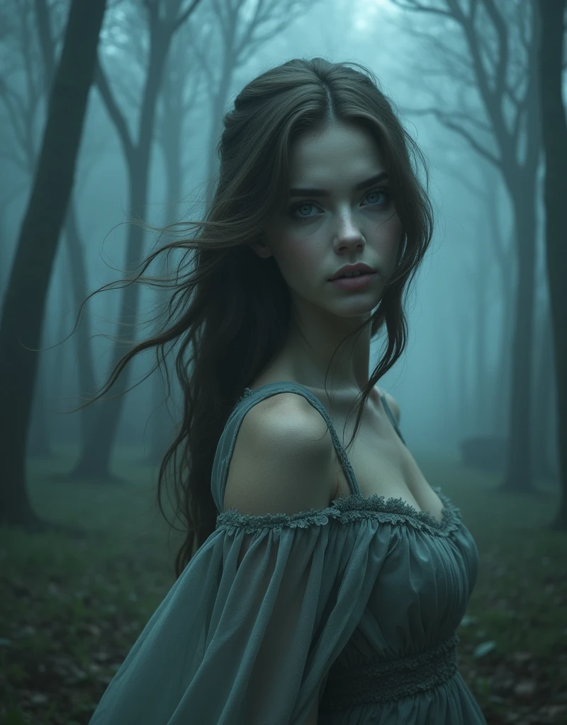 (Mysterious Fog), a beautiful young girl running through a mysterious, misty forest, The girl is facing forward and running away from a shining shadow. Her long black hair flows behind her, and a huge glowing shadow is chasing the girl. (Beautiful and cute face even in fear and panic),Fine facial features, Beautiful eyes, Soft and glowing skin, Cute apron dress, Mossy trees, (Column of light breaking through the fog), (Highest Quality, 4k, (8k), (High Resolution:1.3), (Masterpiece:1.2), (Ultra Detailed), (Realistic), (Photorealistic), (Photorealistic:1.37), Fantasy, Cinematic Lighting, Moody Atmosphere, digital art, concept art, 