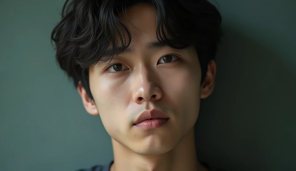 A Japanese male college student has a gloomy expression,Excited, Photo of your face, with a natural look, With a slightly tired look, tilt your face a little, Diagonal orientation, Average face