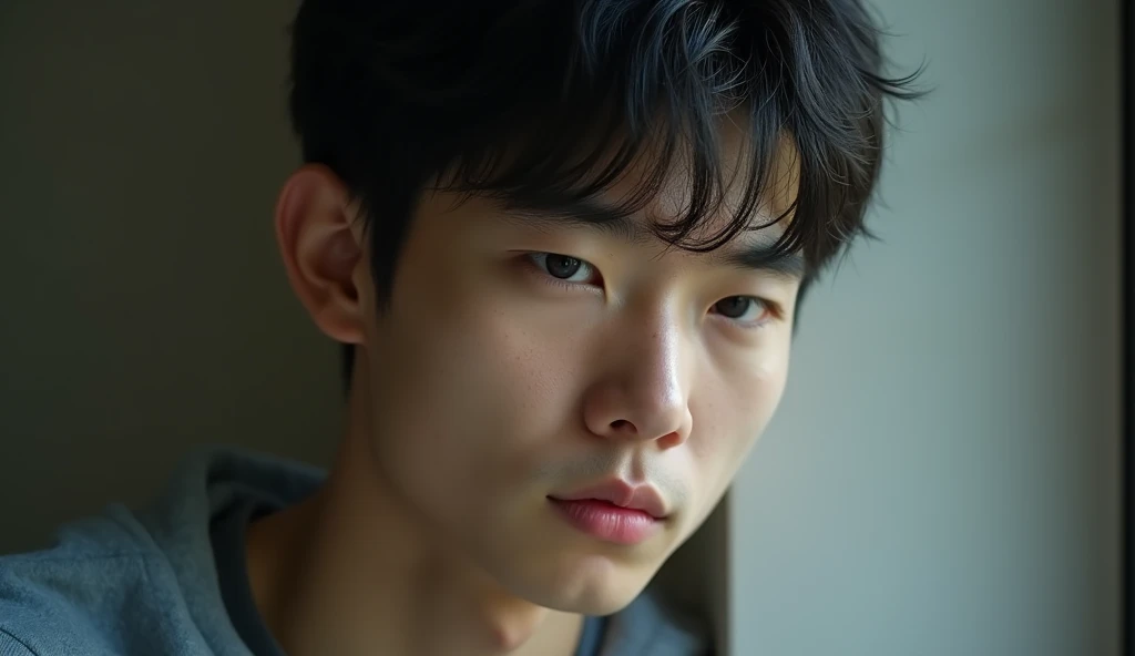 A Japanese male college student has a gloomy expression,Excited, Photo of your face, with a natural look, With a slightly tired look, tilt your face a little, Diagonal orientation, Average face