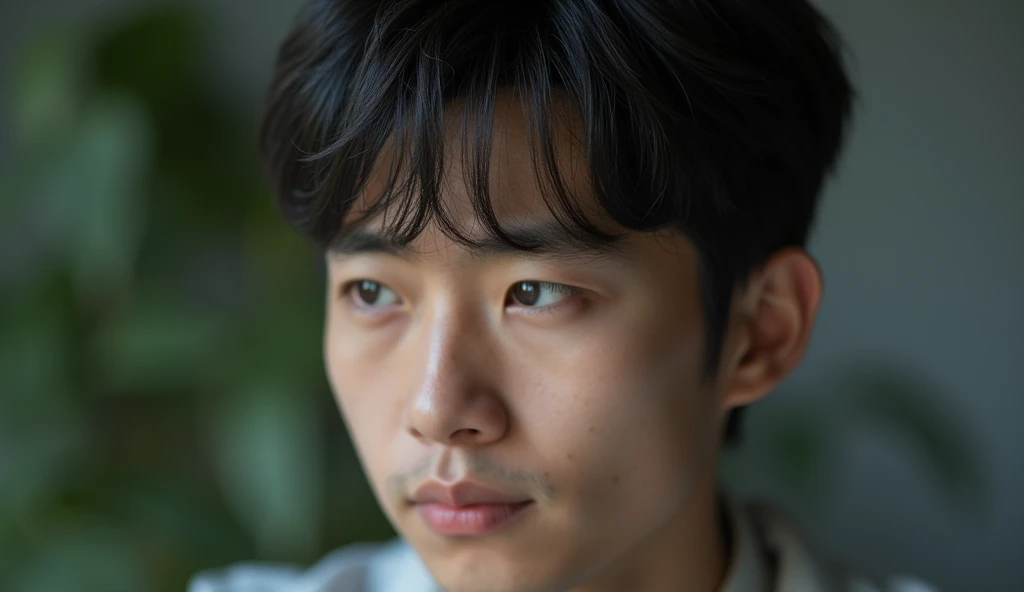A Japanese male college student has a gloomy expression,Excited, Photo of your face, with a natural look, With a slightly tired look, tilt your face a little, Diagonal orientation, Average face