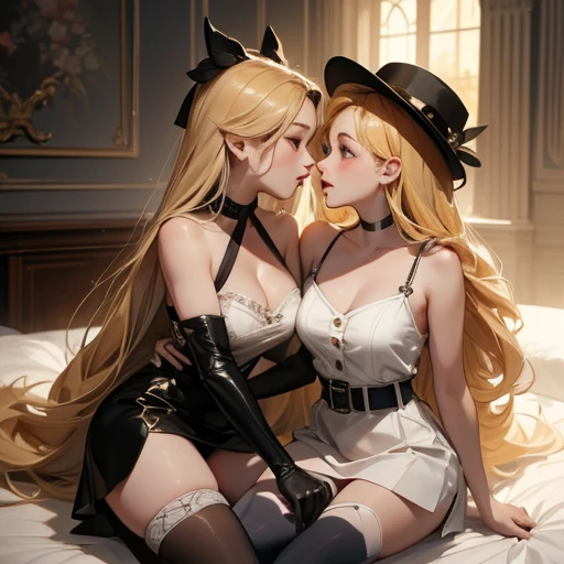 ((having hot lesbian sex in the bedroom. They are kissing, fondling, licking and with so much passion, these brunettes are so damn hot.)),(masterpiece, best quality:1.4), absurdres, highres, ultra detailed, beautiful, (secretary), (perfect face, detailed face, beautiful:1.3),(natural breasts, cleavage), collarbone, fingerless gloves, gloves,spaghetti strap top, black pencil skirt, tight, over the knee skirt, hat, elegant secretary outfit, thighhighs, thick thighs, thighs, multiple belts, More detailed 8K.motor irreal:1.4,UHD,La mejor calidad:1.4, fotorrealista:1.4, textura de la piel:1.4, obra maestra:1.8,obra-prima, mejor calidad,objeto Objeto], (detailed face features:1.3),(manos detailed)