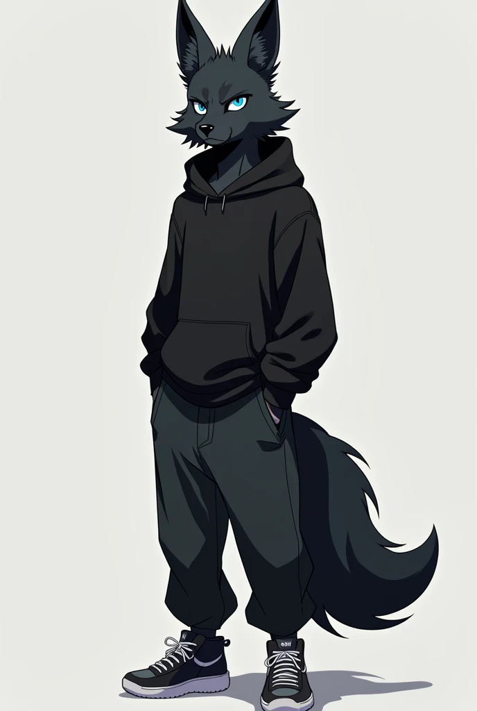 1guy, anime, black male serious fox, below-average, furry, anthropomorphic, blue eyes, handsome guy, with black sweater and long pants, sneackers, standing