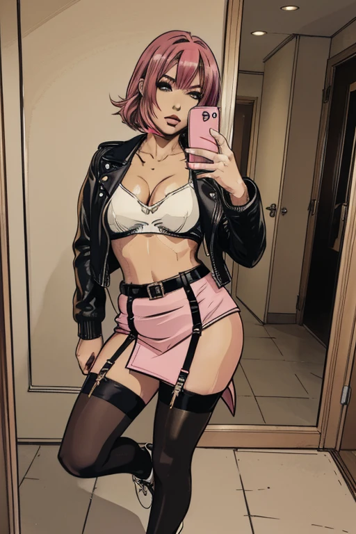 vector image:1.2, 2d cartoon,masterpiece, An anime woman, blush,colored hair, bold makeup, nylon stockings with garters:1.2, skirt, leather jacket, sporty top, horny pose:1.1, gloomy orgasm,thigh-high heels, sneakers, selfie, in restroom, full body