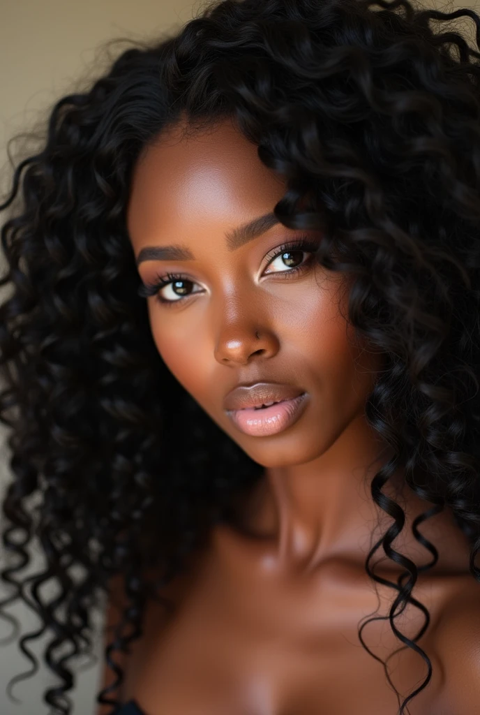 there is a black woman , the woman has curly black curly, she has brown skin, with dark brownish skin, with long curly, long black wet bouncy curls she is taking a long shot selfie whilst doing her makeup