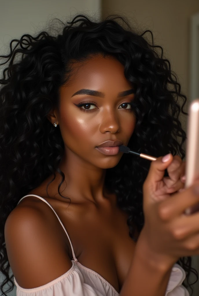  there is a black woman , the woman has curly black curly, she has brown skin, with dark brownish skin, with long curly, long black wet  bouncy curls  she is taking a long shot selfie whilst doing her makeup 