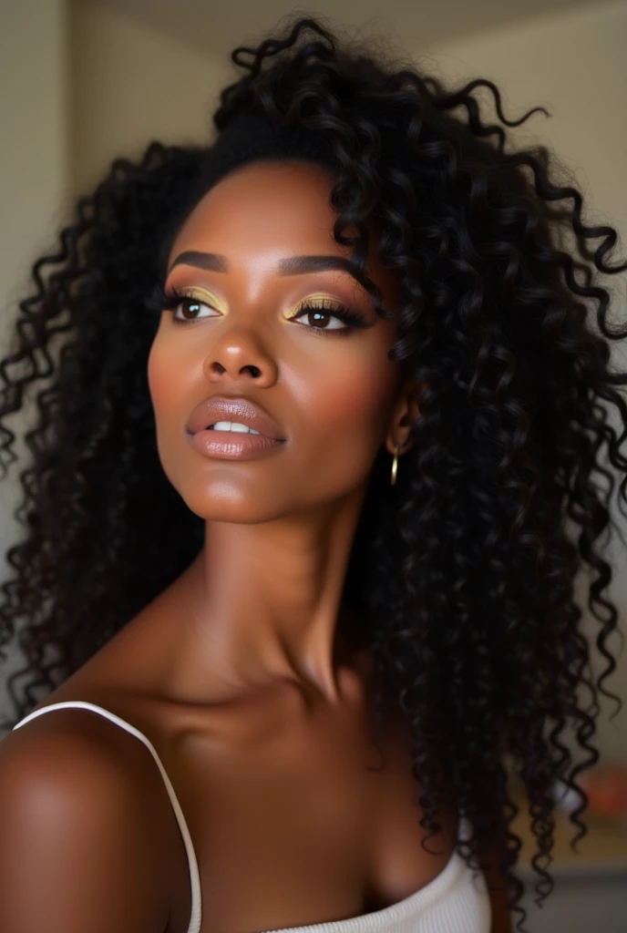  there is a black woman , the woman has curly black curly, she has brown skin, with dark brownish skin, with long curly, long black wet  bouncy curls  she is taking a long shot selfie whilst doing her makeup 