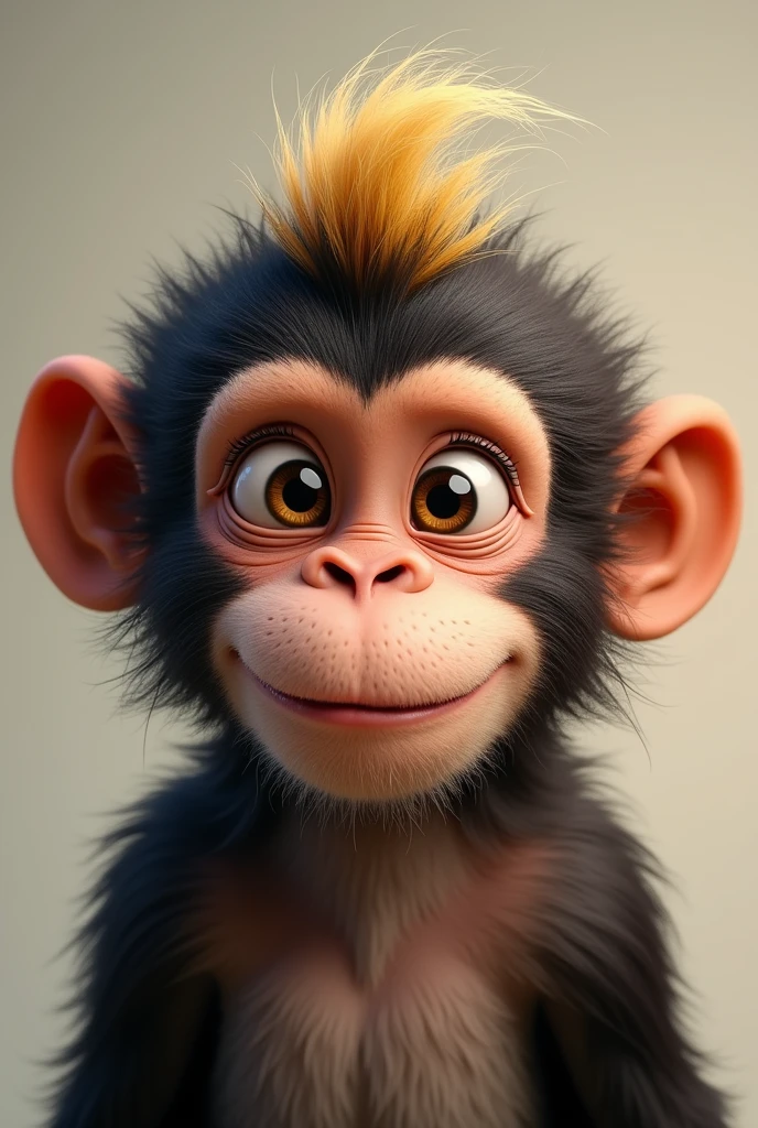 Monkey with short, curly, dark brown hair with blonde highlights