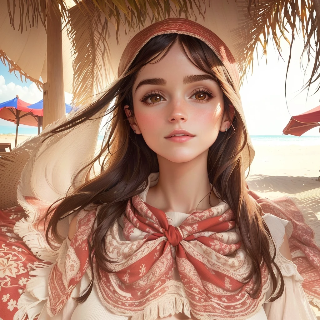 Beautiful European woman of 30 years old, long dark brown hair, brown eyes, small eyes, small nose, small lips. Skinny body, perfectly proportioned, sexy round breasts, sexy round butt, wearing a red bikini, with a silk scarf on top, by the beach under a palapa, instagram style photo, Emma Watson's style.
