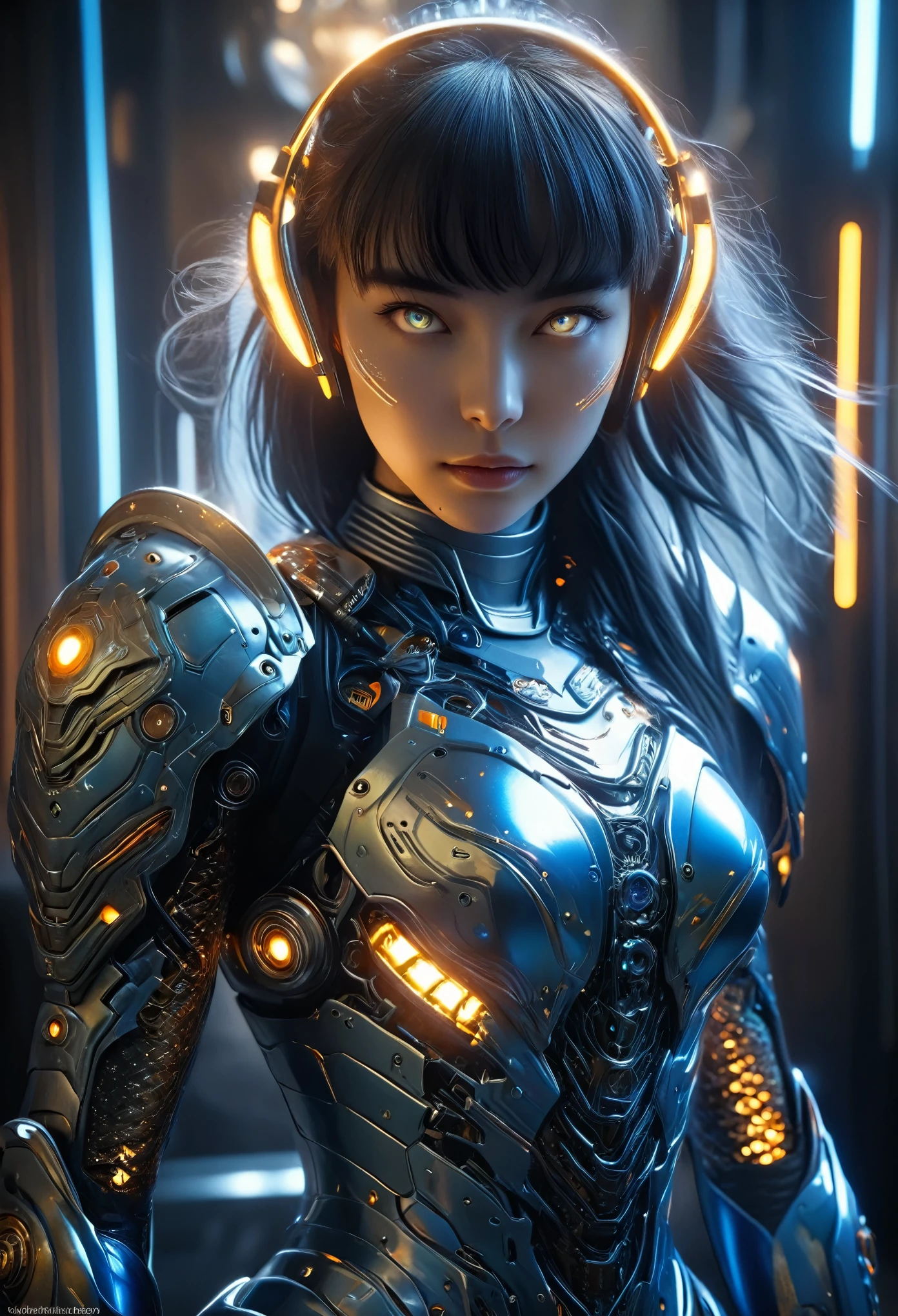 (Best Quality, 4K, 8K, High Resolution, Masterpiece: 1.2), (Super Detailed, Realistic, Photorealistic:1.37), A woman in futuristic clothing, Trending on cgstation, Trending on cgstation, (Portrait of a girl in the Knights of the Zodiac:1.4), blunt bangs, Cute Cyborg Girl, Perfect android girl, Portrait Astronaut Girl, Beautiful girl cyborg, (Girl wearing iridescent and blue mechanical cyber armor:1.3), Game CG, cgsociety and fenghua zhong, Beautiful Cyborg Shrine Maiden, Bioluminescence, (Yua Yaiba:0.5), (Golden eyes:1.5), Anatomically correct grip, (Sharp and long claws:1.4), erotic and sexy, black and blue, blue and orange