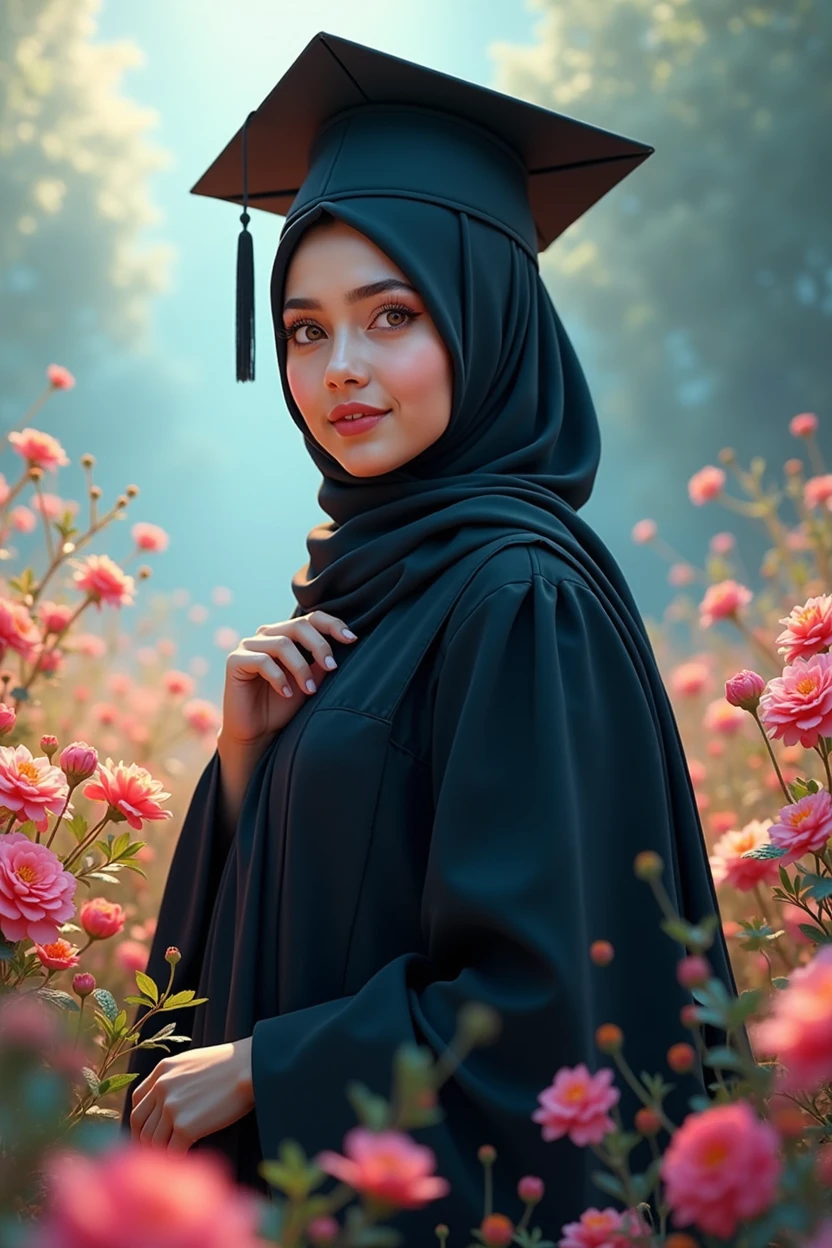 A , wearing hijab, wearing black graduation hat, in black graduation gown, flowery background, blue flowery effect, summer effect lighting