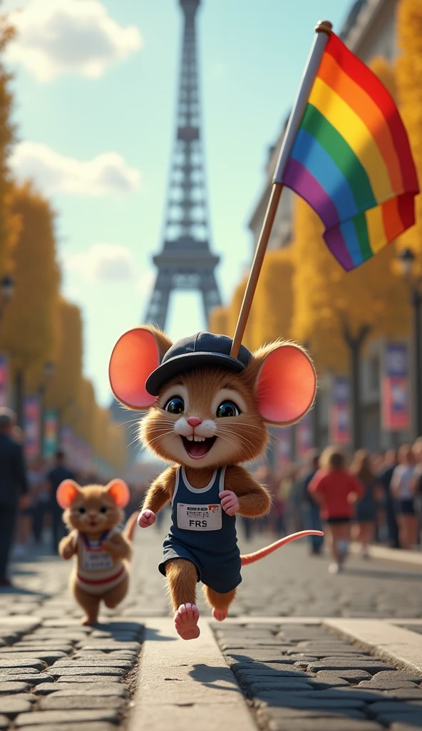 fantastic, spectacular, Olympic, memetic, a mouse wearing a beret and a runner's uniform, coming in first place at the Paris Marathon, carrying a large rainbow flag, being escorted by a cat wearing traditional french attire, (euphoric celebration Lv10) (cute furry Lv9) (dramatic scene Lv9) (RAW quality Lv9) (meme Lv10)