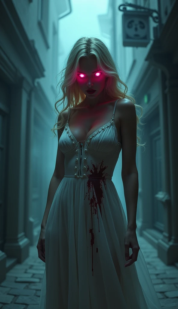 fantasy comic art ((fog: 1.3)) hiding female vampire, you only see a pair of glowing pink glowing eyes )) full body picture, (((the fog hides the face))), red lips, busty, stains of blood, blond hair, vampire teeth: 1.5) white glamour dress, you see only the glowing eyes , you see only the pair of eyes, fantasy dark alley background, the fog fills the alley, you see only the glowing eyes