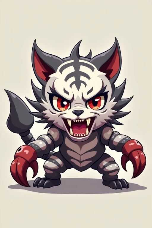 A small Chibi baby humaniod creature.
Appearance: a hybrid creature, half saber tooth tiger half scorpion .
The creature is mostly tiger but had scorpion like tail and claws.
The creature has a scorpion exoskeleton that looks like armor
The creature looks very menacing.
Style : cel shaded , 3d , anime, Full-body, t pose.
Colors: white , lite gray and dark gray , blood red
This is a digimon