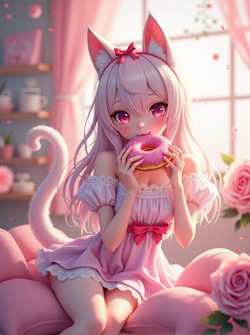 a catgirl eating a pink donuts