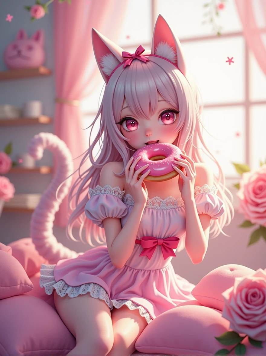 a catgirl eating a pink donuts