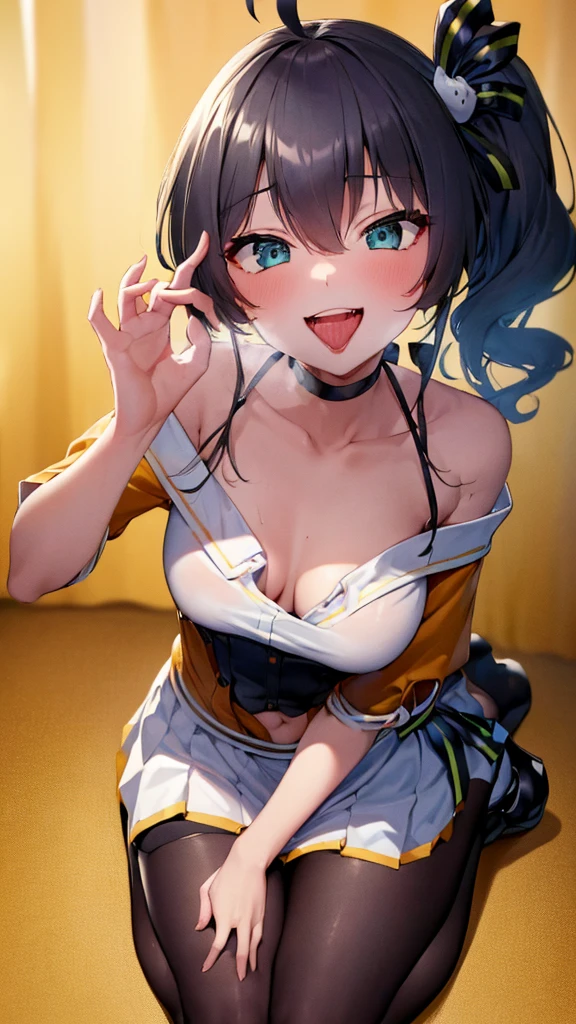  ((((Open your mouth))))、masterpiece,Highest quality,High resolution,Very detailed,bb Festival,meだium hair,skinny,Ahoge,Blue Hair,(((((  Captivating smile ))))),skinny,Hair between the eyes,bangs,Hair Ribbon,Black choker,Earrings,Black Ribbon,plaiだ shirt,Grey Shirt,Shoulder cut-outs,Short sleeve,See-through sleeves,Black Skirt,High Waist Skirt,Race,(( Perfect Fingers )) ,  shoes下,(black shoes下:1.4),Race trim,shoes,Black footwear,indoor,(Cafe:1.2),((Blowjob Gestures:1.5))、Open your mouth ,On all fours,Chair,Heavy breathing ,