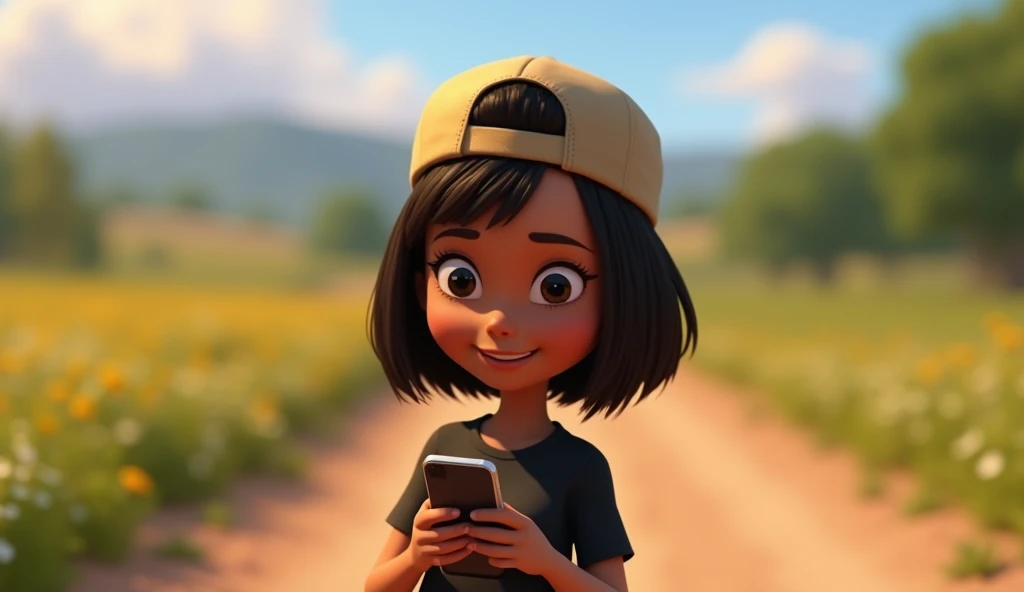 ( male character) Disney Pixar style animated film, high qualiy, best qualityer , beautiful face brown skin, short straight hair , beautiful eyebrow , wears black shirt , wears a backwards cap, is messing with her smartphone, walking down a dirt road in the countryside