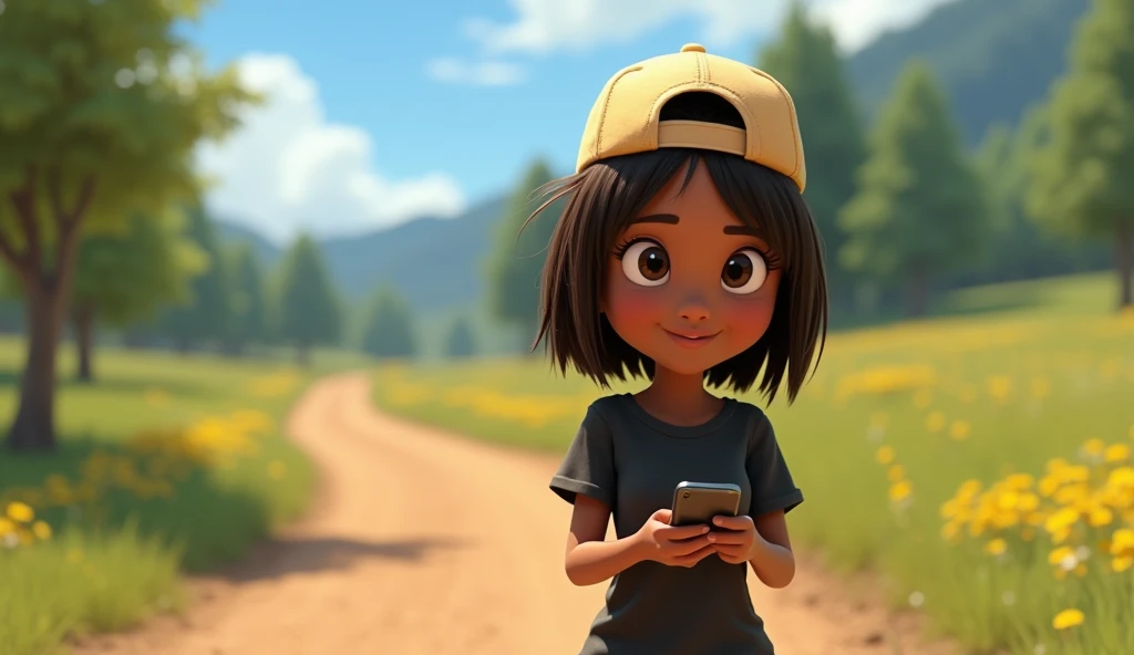  ( male character) Disney Pixar style animated film, high qualiy, best qualityer , beautiful face brown skin, short straight hair , beautiful eyebrow , wears black shirt , wears a backwards cap, is messing with her smartphone, walking down a dirt road in the countryside 