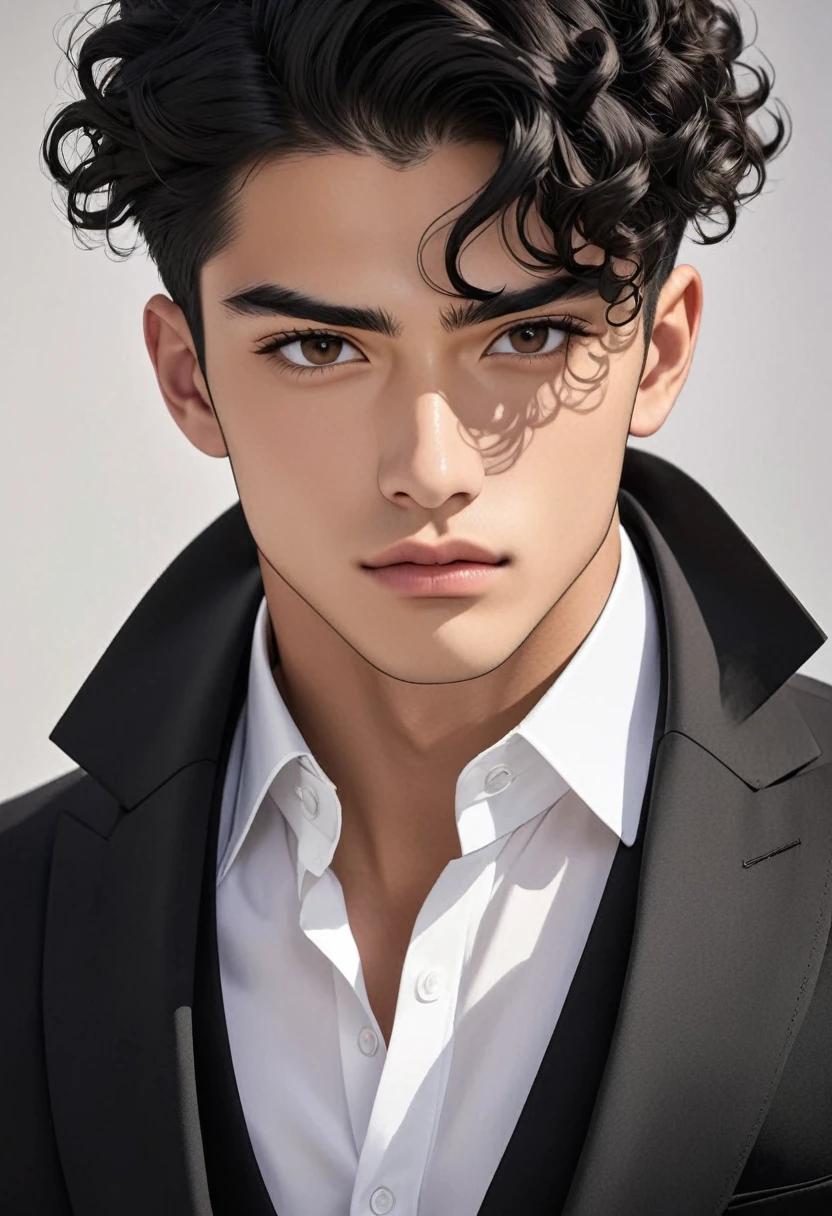 Imagine a handsome 22-year-old man with curly black hair, black colour eyes, and a strong jaw, clean-shaven, wearing a suit