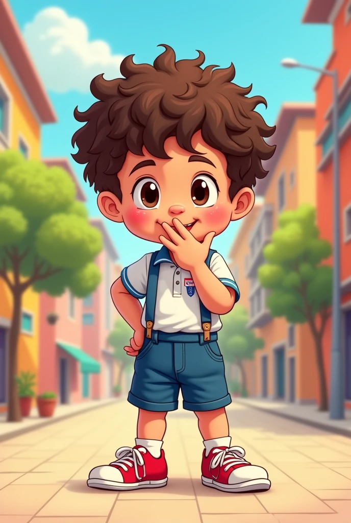 A fun-loving cartoon character, brown curly hair, 4 years old, dark brown eyes, wearing a Suzano City Hall uniform with red sneakers, with his hand on his mouth.