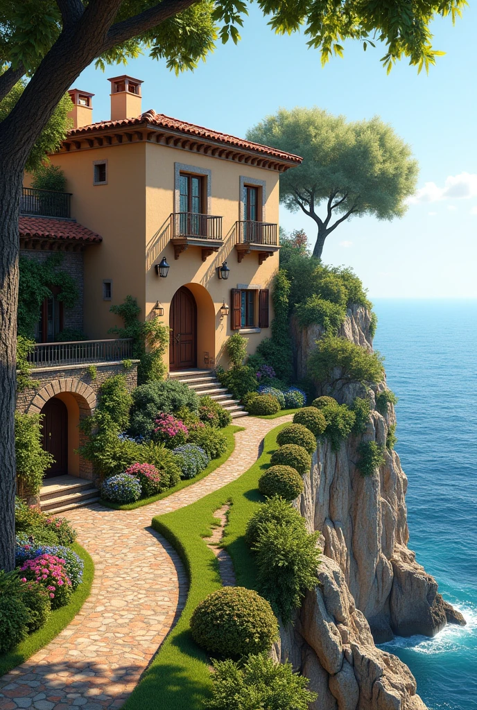 I need an image of a rustic Mediterranean-style house on a cliff by the sea with leafy trees and a garden with exotic flowers and well-trimmed grass.