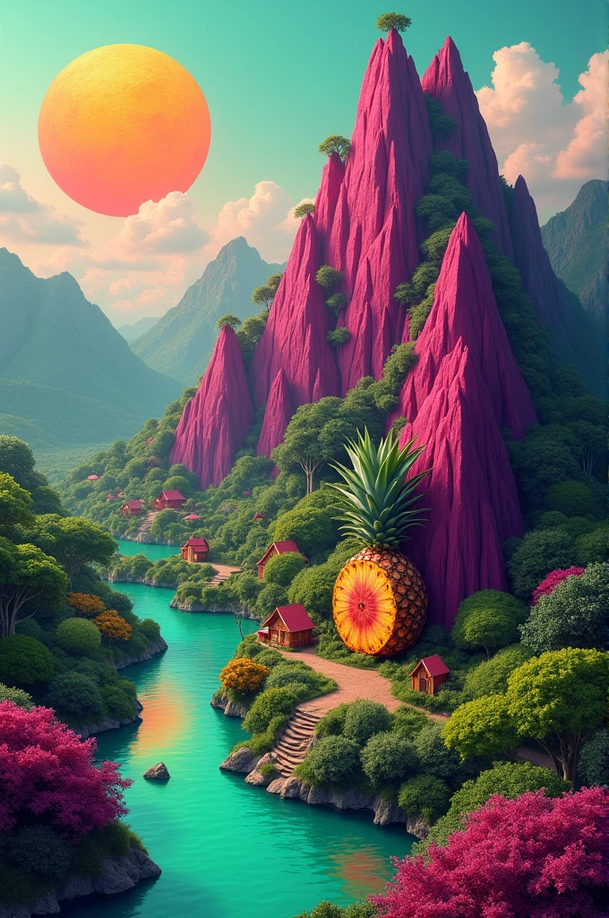 Generate a surreal image where a landscape with mountains made of beetroot in the center is sought, a village with 3 houses built with moringa seeds .There must be a bright green river .A sun made with a slice of pineapple and using colors like Vibrant Greens, magenta, violet, coffee.
There must also be an alebrije climbing the mountain
