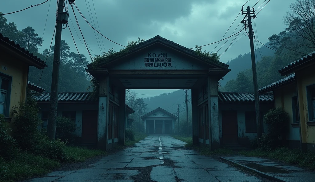 A sad japanese school abandoned who the atmospher is very dark, outside of the school views anime style, the school entrance