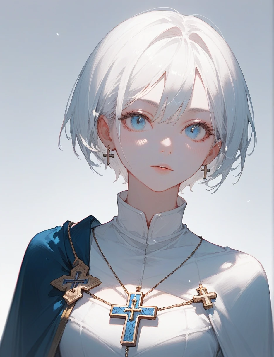 ((best quality)), ((masterpiece)), girl, solo, white hair, short hair, blue eyes, pale skin, holy cross,
