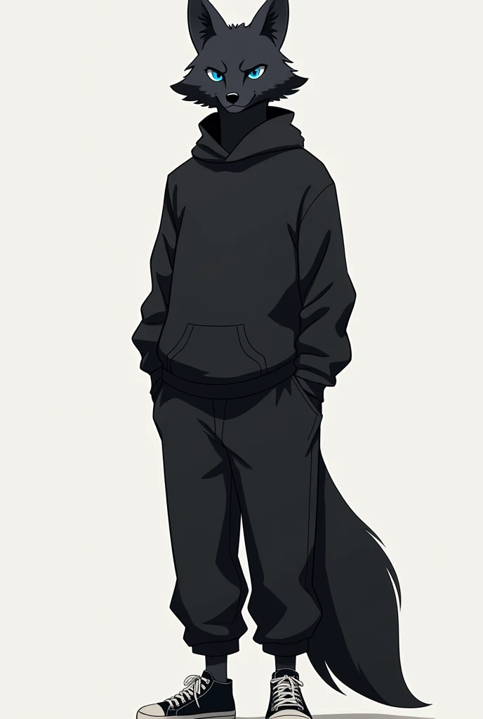 1guy, anime, black male emotionless fox, below-average, furry, anthropomorphic, blue eyes, handsome guy, with black sweater and long pants, sneackers, standing