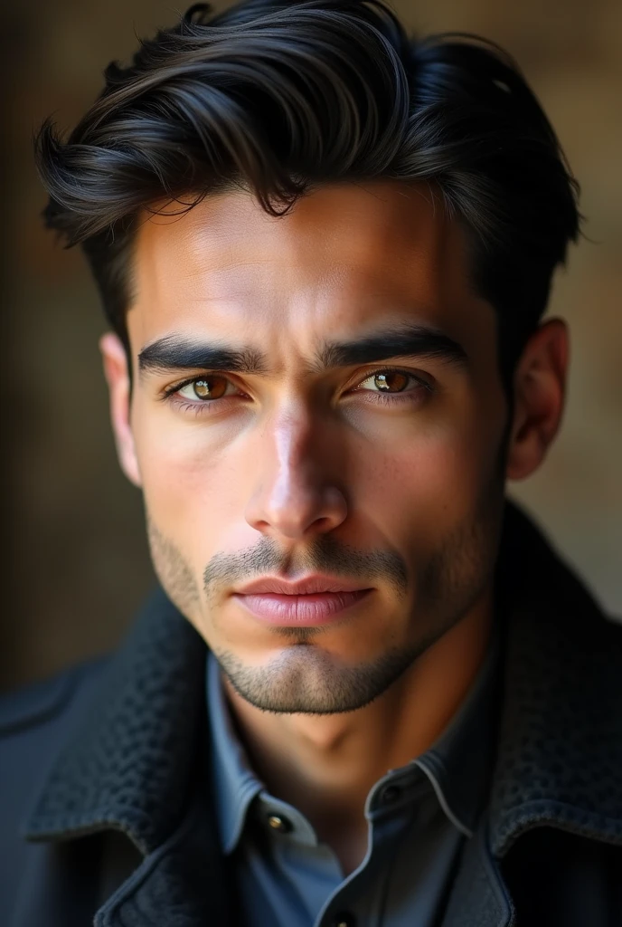 Photo d'un homme anglais, cheveux noir, yeux sombres, peau mate, mignon.

