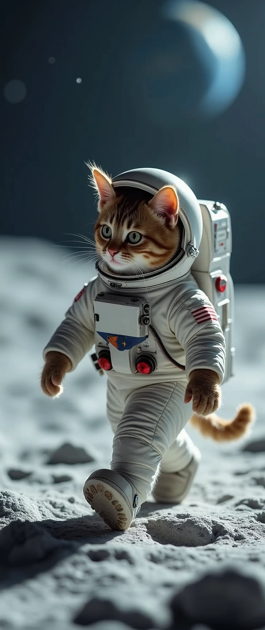 An ultra-realistic, highly detailed image of a cat dressed as an astronaut, walking and floating on the moon. The cat is wearing a miniature spacesuit with a reflective visor, and small boots that leave faint footprints on the lunar surface. The moon's craters and distant Earth are visible in the background, adding a sense of scale and wonder. The image is captured with a Canon EOS 5D Mark IV paired with a 24-70mm f/2.8L II USM lens, ensuring sharp details and a wide field of view. The lighting is soft and diffused, mimicking the gentle glow of the moon's surface, with a subtle rim light highlighting the edges of the cat's spacesuit. The aspect ratio is 9:21, emphasizing the vertical composition