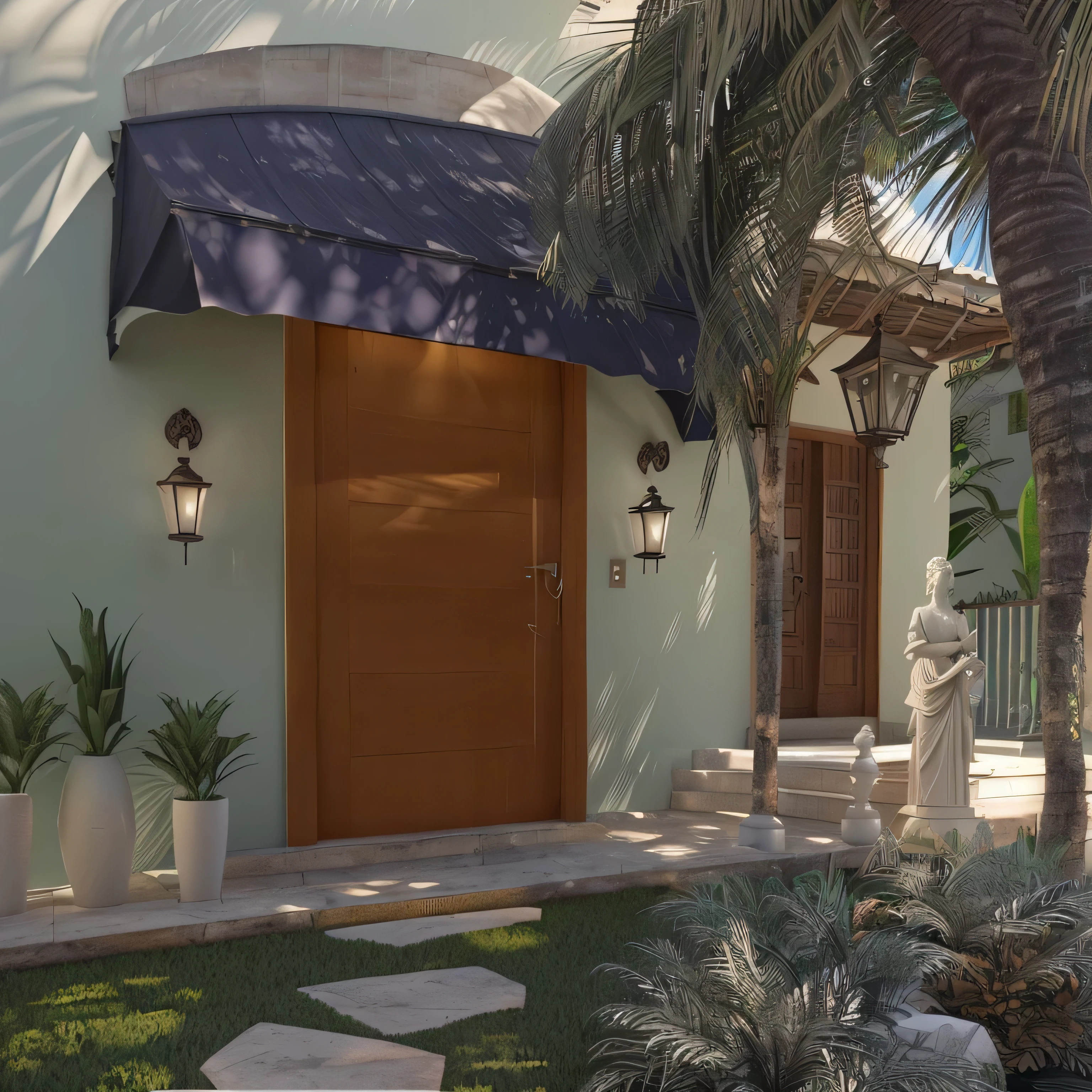 a door with an awning on top, colonial wall light, a garden with a stone path, a coconut tree, white walls of the house, architecture, design, 3D, architectural rendering, 3d, 3d rendering. rendered in lumion pro, Photorealism, statue.