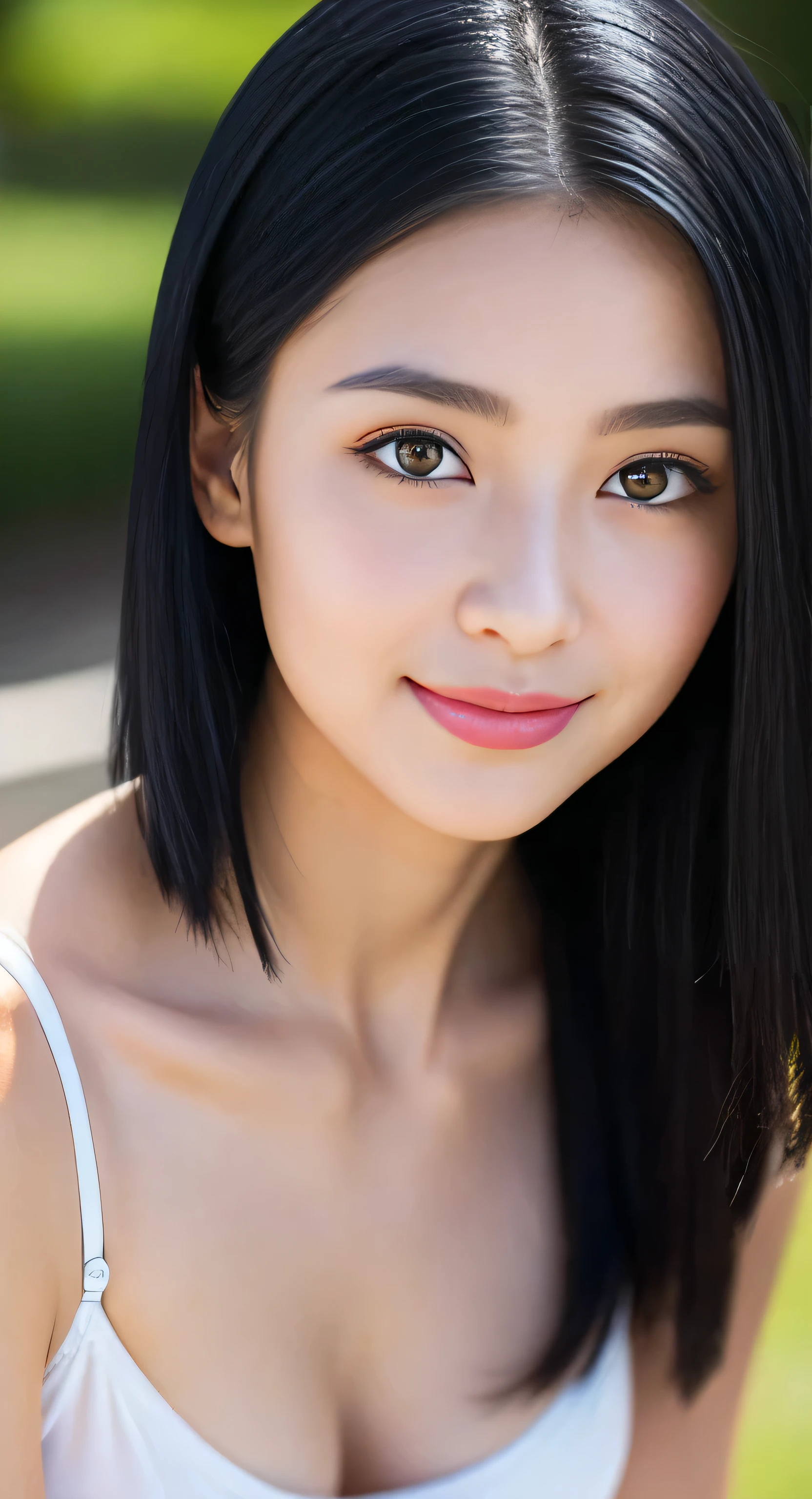 beautiful high school girl、 person、(white silk bra、white panties)、Outside the field、(Slimed、small tit、flat 、small boobs)、Photorealsitic、detaileds, Skin texture, Ultra-detail、Delicate and sexy collarbone、a smile、Super detailed face、detailed lips、A detailed eye、double eyelid、13years old girl、straight black hair、hazel eyes, She holds her breasts between her arms and shows her cleavage to the camera.、Leaning forward with hands on your knees