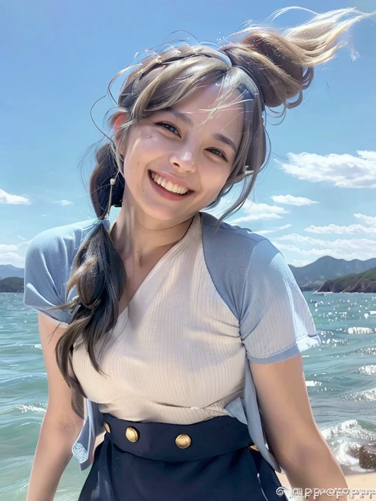 (Highest quality:1.1)、(Photorealistic:1.1)、(picture:1.1)、(Very detailed:1.1)、Audience、Bracelet、Toothy smile、White teeth、Beautiful attention to detail、(Very detailed目と顔)、(Facial lighting)、Summer uniform、(solo:1.5)、(coastal、Light brown eyes、(((Hair blowing in the strong wind)))、((Perfectly anatomically balanced style))、Like a body in a cute pose、Reddish brown hair