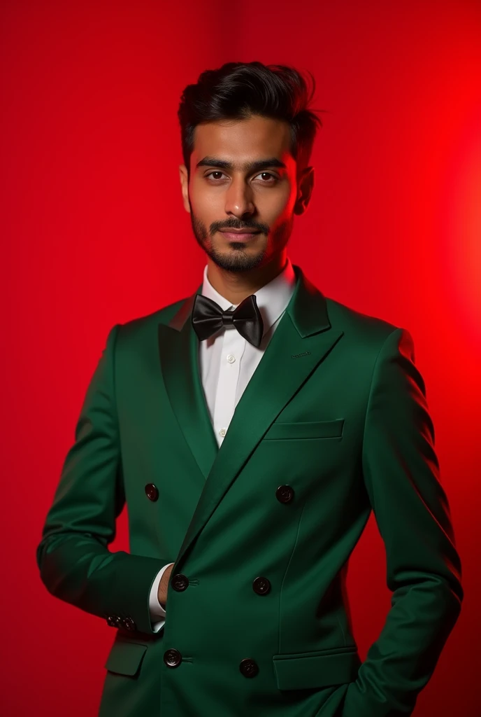 (A Bangladeshi suit wearer his suit color is green and his age will be 23 and he is beautiful and he will have no beard on his glasses posing for likeedin red light in background