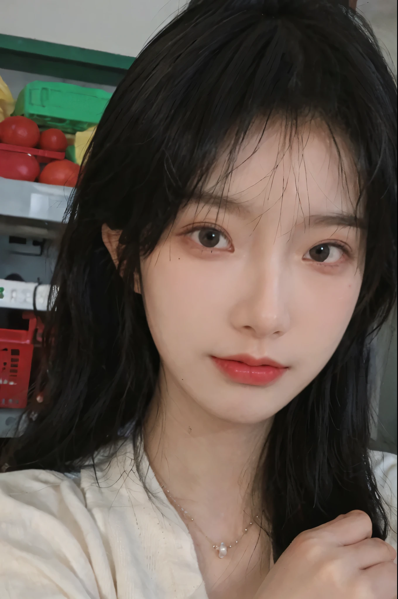 Best quality,Ultra-high resolution,(Realism:1.4),Cute hairpins,girll,Cropped black sweater,Look directly at the audience,Full of atmosphere,Beautiful woman with a slim figure:1.4,supermarket,Super delicate face,Exquisite eyes,Double eyelids,necklace