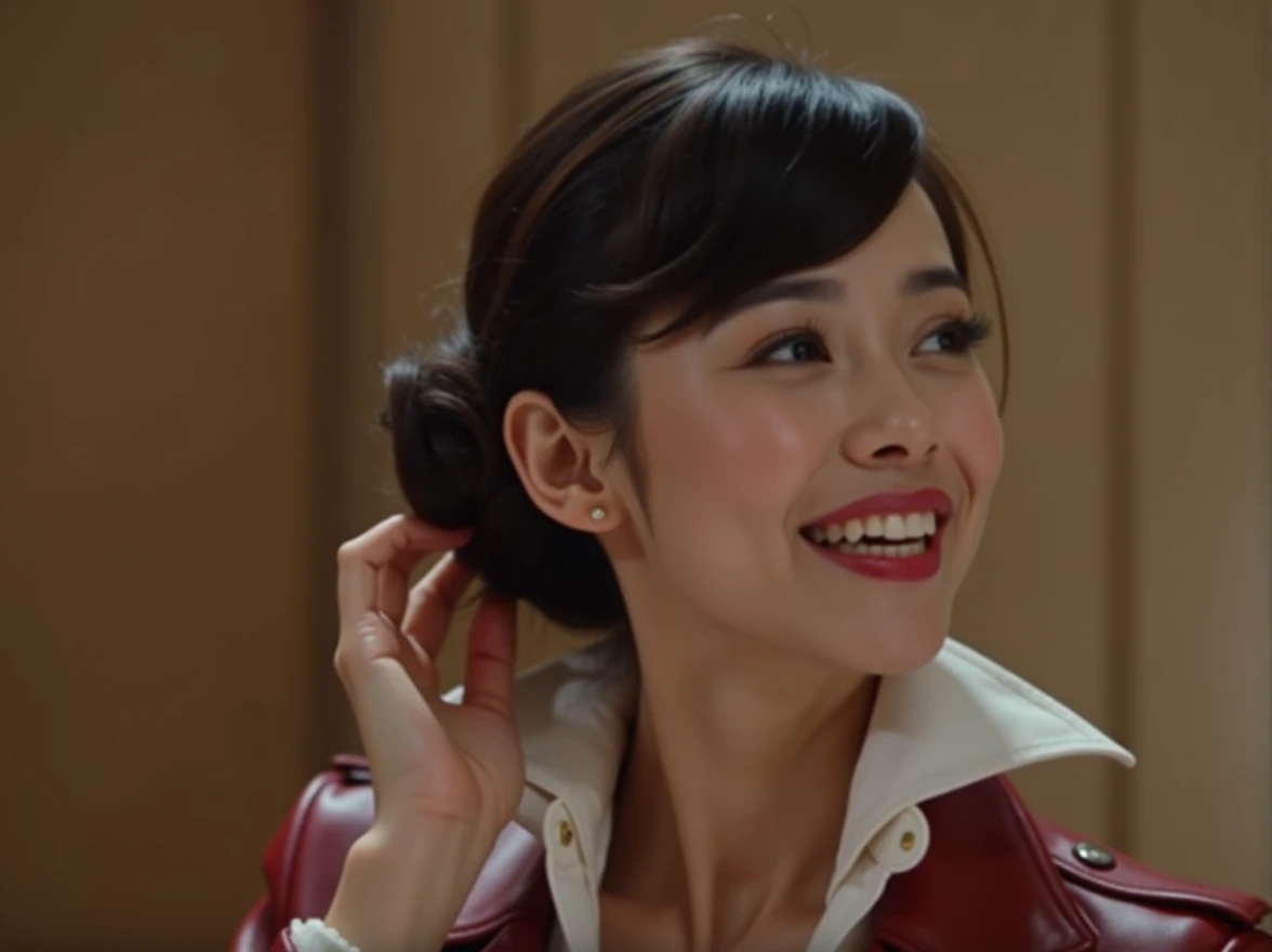 Beautiful japanese woman, short hair bun, big smile, perfect teeth,red leather jacket, white collared button blouse, feeling the back of her hairbun with her hand