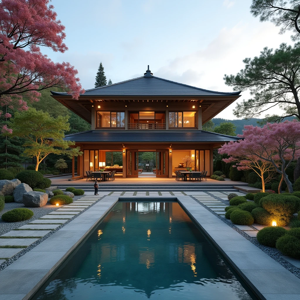 Create a beautiful villa in Japanese style with such Japanese colors too