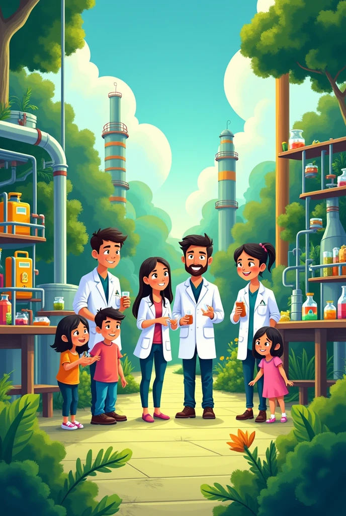 crete an single image of a visit of parents of laboratory workers in a refinery of Ecopetrol , in barrancabermeja. Include laboratory workers with white coats, children, wifes, housband, parents, inside of laboratory, toon, vivid color, specially green , not detailed, called "ECO FEST", toon