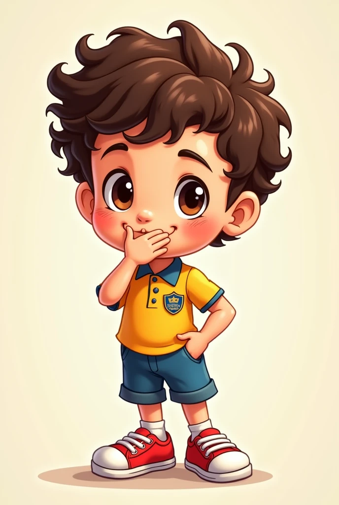A fun-loving cartoon character, brown curly hair, , dark brown eyes, wearing a Suzano City Hall uniform with red sneakers, with his hand on his mouth.