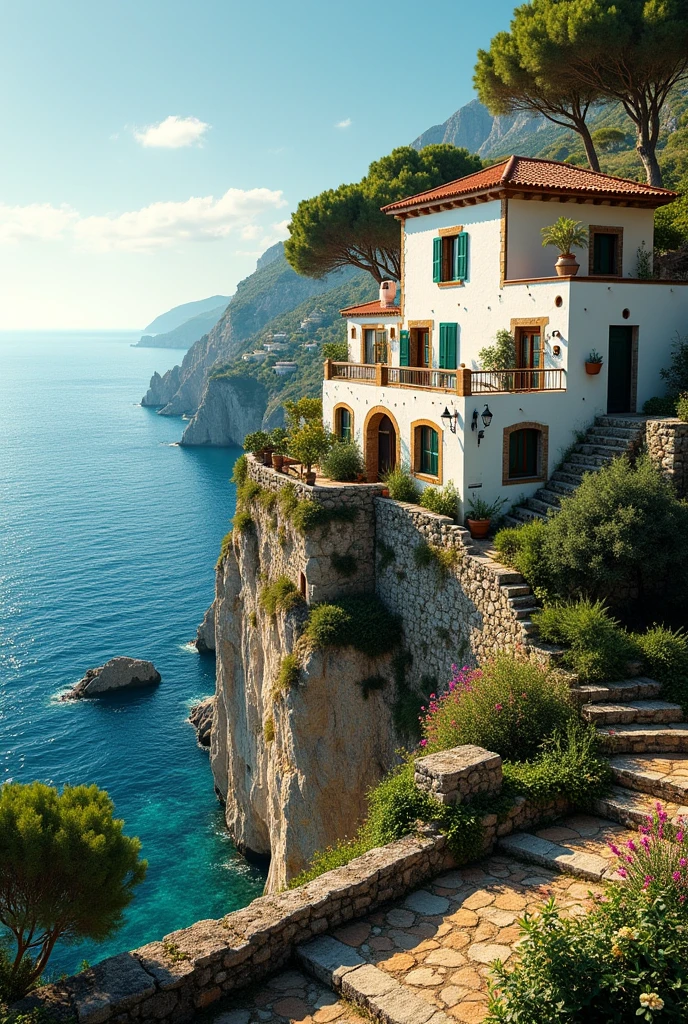 I need an image of a rustic white Mediterranean-style house on a cliff by the sea with leafy trees and a garden with exotic flowers and well-trimmed grass.