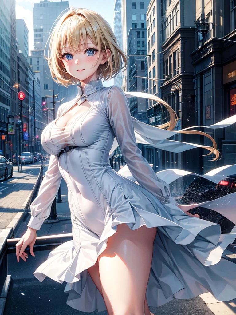 Anime style, super fine illustration, highly detailed, beautiful detailed, pale tone image, static representation, gentle expression, 8k, pretty 1girl with blonde straight short hair & blue eyes & a bright smile & full bust & soft fair skin is wearing big white business shart not to show her skin & black tight skirt & 1business bag, on the business building street, in the morning, brilliant particles of lights, romantic stories, solo, perfect 5fingers, perfect arms, perfect legs, masterpiece.