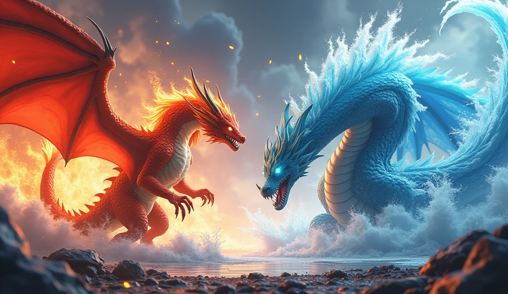 Create a 3D stylized fighting scene featuring Ignis, the fiery Dragon from the SOLMON series, battling against a massive Water Dragon. Ignis should be depicted in a dynamic, attack-oriented pose, with flames erupting from its body, fur glowing with intense heat, and fiery embers swirling around. The Water Dragon, a serpentine creature with scales shimmering in shades of blue and teal, should be shown in a defensive stance, its body coiling with powerful water currents that clash against Ignis's flames. The background should feature a dramatic elemental contrast, with one side engulfed in roaring flames and the other side swirling with powerful waves, creating a visually striking scene of elemental forces in conflict. The environment should enhance the tension, with steam and mist rising where fire meets water, and debris scattered from the intense battle. The overall composition should capture the intensity and power of the clash, with a focus on the fierce determination in Ignis's eyes and the unyielding strength of the Water Dragon.