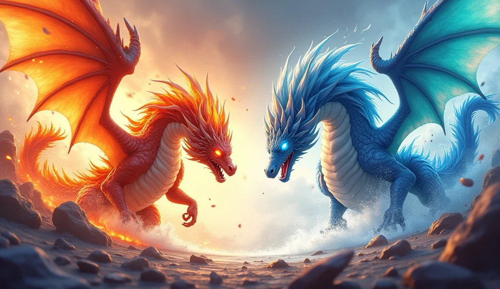 Create a 3D stylized fighting scene featuring Ignis, the fiery Dragon from the SOLMON series, battling against a massive Water Dragon. Ignis should be depicted in a dynamic, attack-oriented pose, with flames erupting from its body, fur glowing with intense heat, and fiery embers swirling around. The Water Dragon, a serpentine creature with scales shimmering in shades of blue and teal, should be shown in a defensive stance, its body coiling with powerful water currents that clash against Ignis's flames. The background should feature a dramatic elemental contrast, with one side engulfed in roaring flames and the other side swirling with powerful waves, creating a visually striking scene of elemental forces in conflict. The environment should enhance the tension, with steam and mist rising where fire meets water, and debris scattered from the intense battle. The overall composition should capture the intensity and power of the clash, with a focus on the fierce determination in Ignis's eyes and the unyielding strength of the Water Dragon.