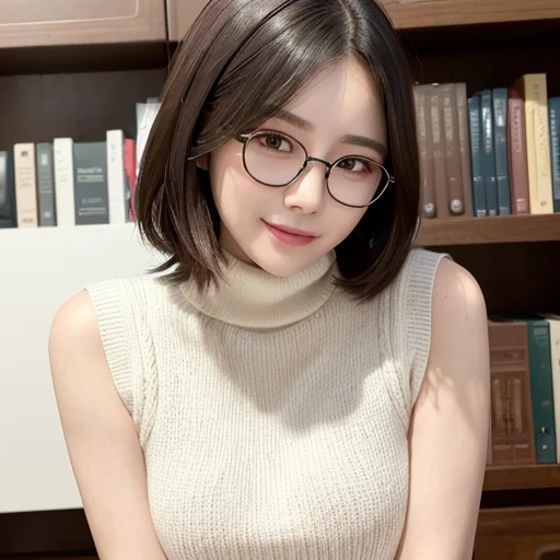 (Highest quality、Tabletop、8k、Best image quality、Award-winning works)、One beautiful woman、Age 25、alone、Perfect beautiful composition、Exactly、(Face close-up:1.3)、(Accentuate your body lines:1.1)、(Perfect turtleneck sleeveless knit sweater:1.2)、(Perfect and precise turtleneck sleeveless knit sweater:1.1)、(Very large breasts:1.1)、A tight mini skirt made from elegant Melton fabric.、(Perfect round elegant glasses:1.2)、Slender body、Elegant medium hair、Look at me and smile、(Strongly blurred library background:1.1)、Standing elegantly in the library、Perfect and accurate bookshelf、The most natural and perfect library interior、Natural Makeup、Ultra-high definition beauty face、Ultra HD Hair、Ultra-high definition sparkling eyes、(Teru&#39;s ultra-high-definition beauty skin:1.1)、Ultra-high quality glossy lips、Accurate anatomy、Ultra HD Hair、(Closed lips:1.1)