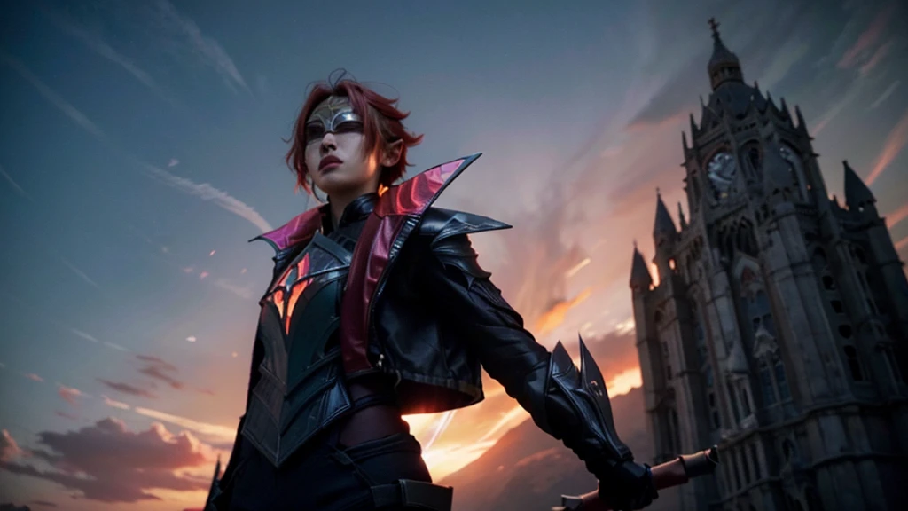 broken covenant riven, 1girl, covered eyes, jacket, armor, short hair, red hair, eclipse behind, black sky, serenous face,