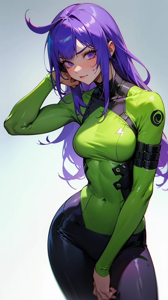 Muscle man,lime green outfit with violet,cyberpunk style,seductive pose,sweaty skin,white background with shadows,Unity 8k
