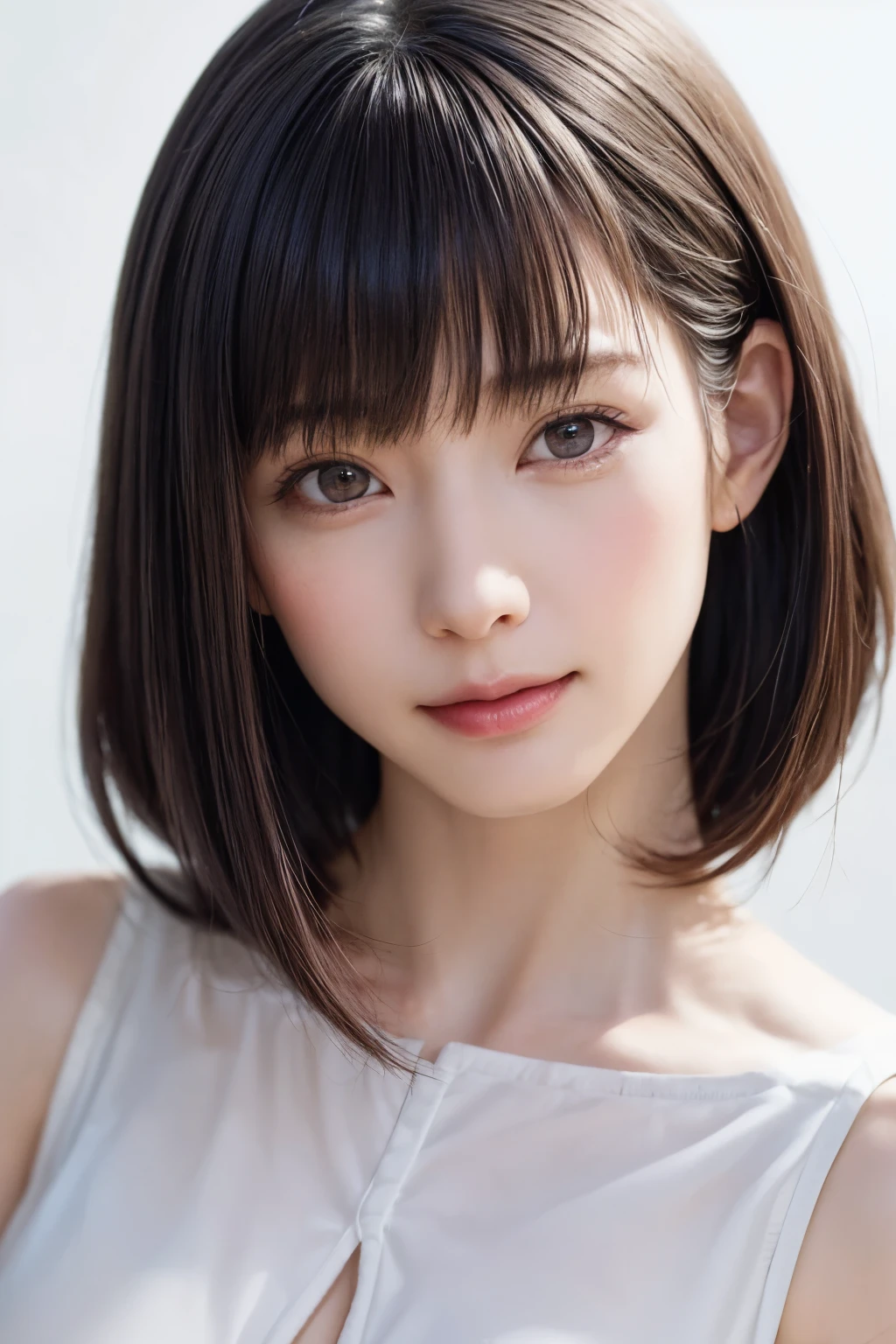 ((masterpiece, Highest quality, High resolution、Realisticですべてが美しく詳細に描かれている)), 1 person, (Realistic: 1.4), alone, White Background, snow-White Background, Mouth closed, smile, smile, Beautiful black hair, short hair, Big eyes, Transparent double eyelids, eyelash, Listen carefully, Long neck, 美しくLong neck, Absolute area, ((Face close-up)), (Draw the whole head, shoulder), 19 years old, Attractive proportions, Glowing Skin, Beautiful clavicle, Golden ratio face, Perfect Face, Teardrop-shaped mole, chestのほくろ, bangs, clean bangs, beautiful bangs, Lip gloss, Thin lips, Fair skin, naked, Big Breasts, {Huge|big|Hugeな|Mega} chest:2, chestの谷間:2,chestの谷間を見せる、Small face, Small face, All the heads are painted, shoulder all drawn, Point slightly above the camera