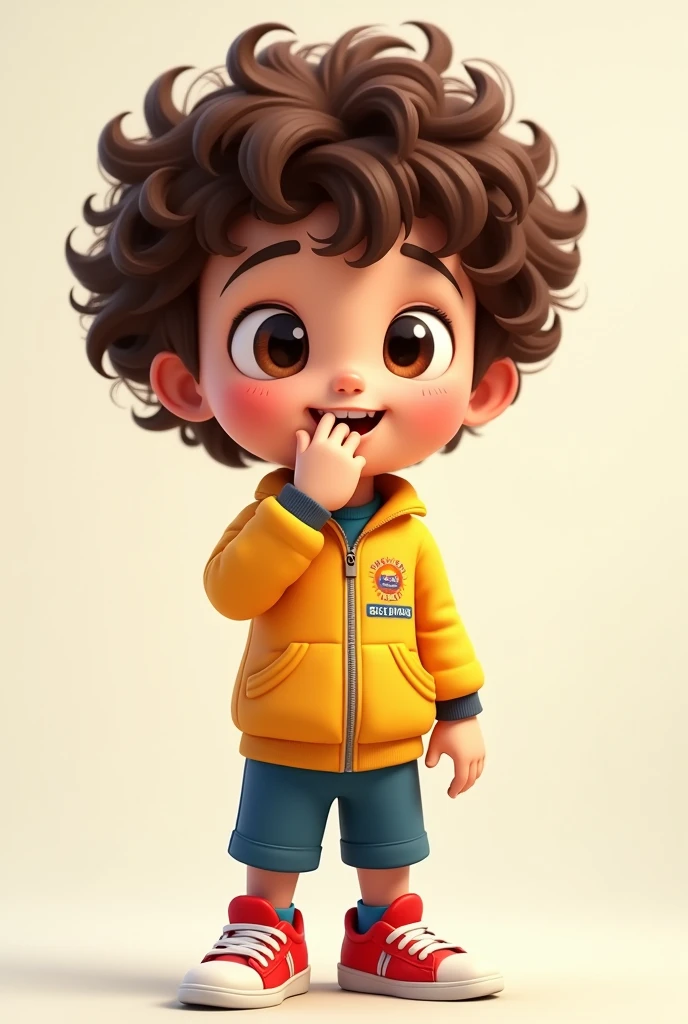A fun-loving cartoon character, brown curly hair, 4 years old, dark brown eyes, wearing a Suzano City Hall uniform with red sneakers, with his hand on his mouth.
